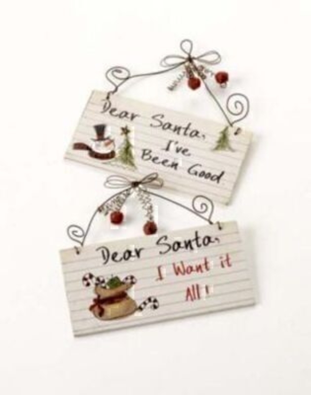 Heaven Sends set of 2 Metal Dear Santa signs. With captions 'I've been good' and 'I want it all'. Size 12x13cm